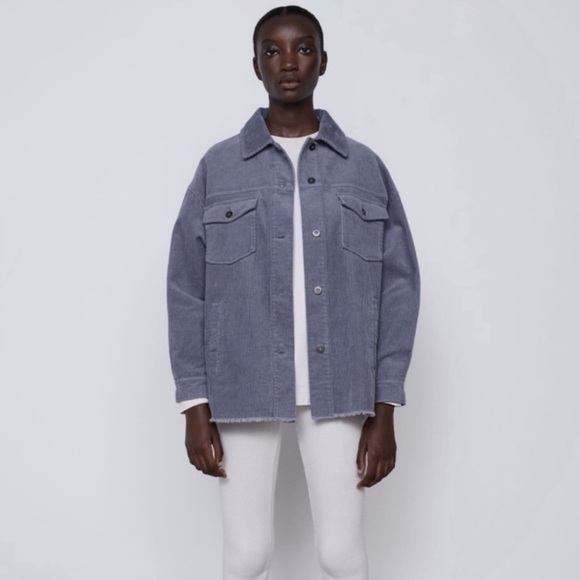 Zara Gray Blue Oversized Shacket Corduroy Jacket Raw Hem Size XS - Picture 1 of 8